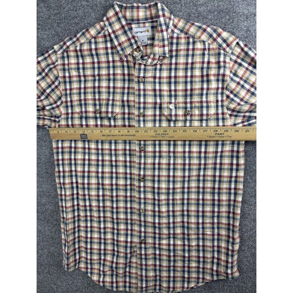 Carhartt Shirt Mens Medium Plaid Short Sleeve Button Up Beige Red Blue Pockets - Picture 3 of 5